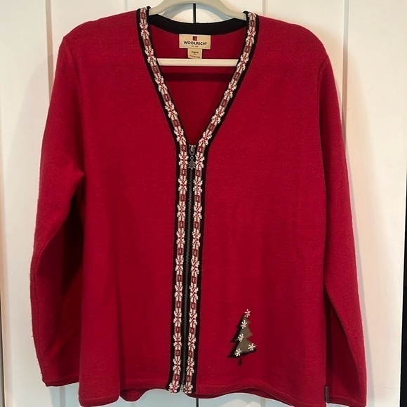 Woolrich Sweaters - Vintage 100% Wool Christmas Woolwich Red Zipper Cardigan Embroidered Details XL